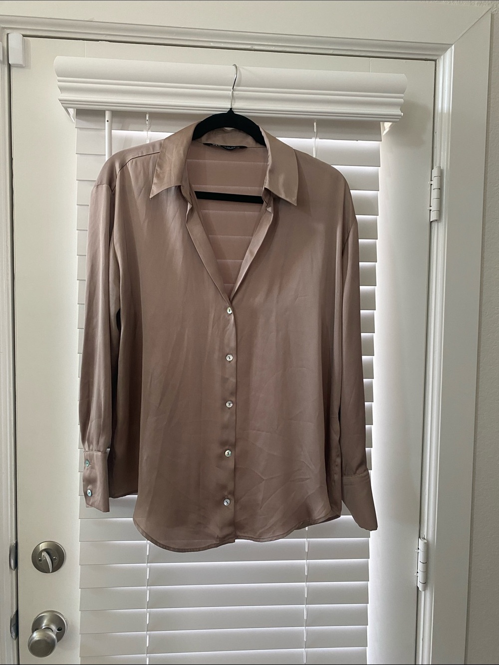 Zara Satin Button-Down Blouse in Taupe